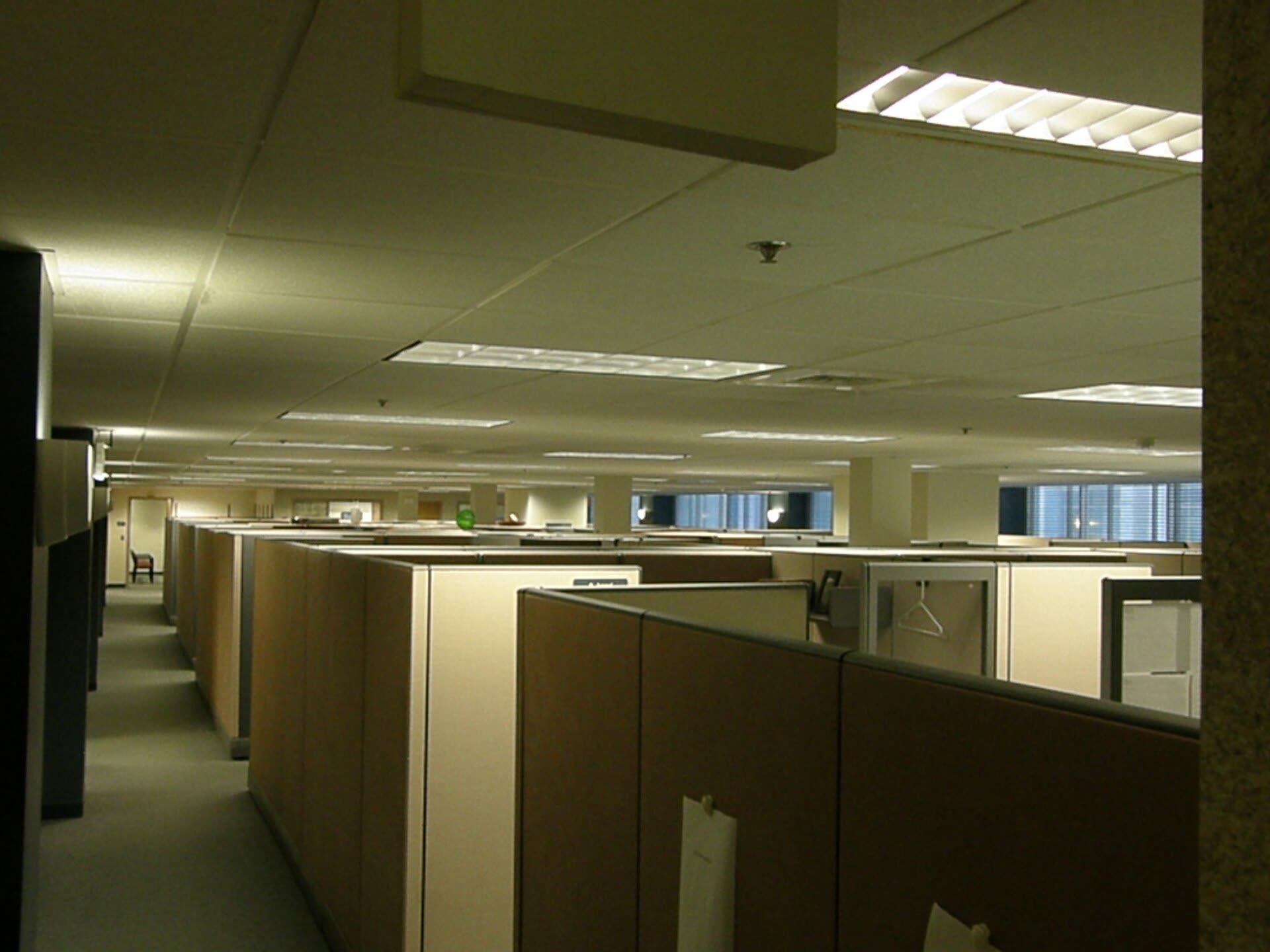 Rows of empty grey office cubicles under fluorescent lights